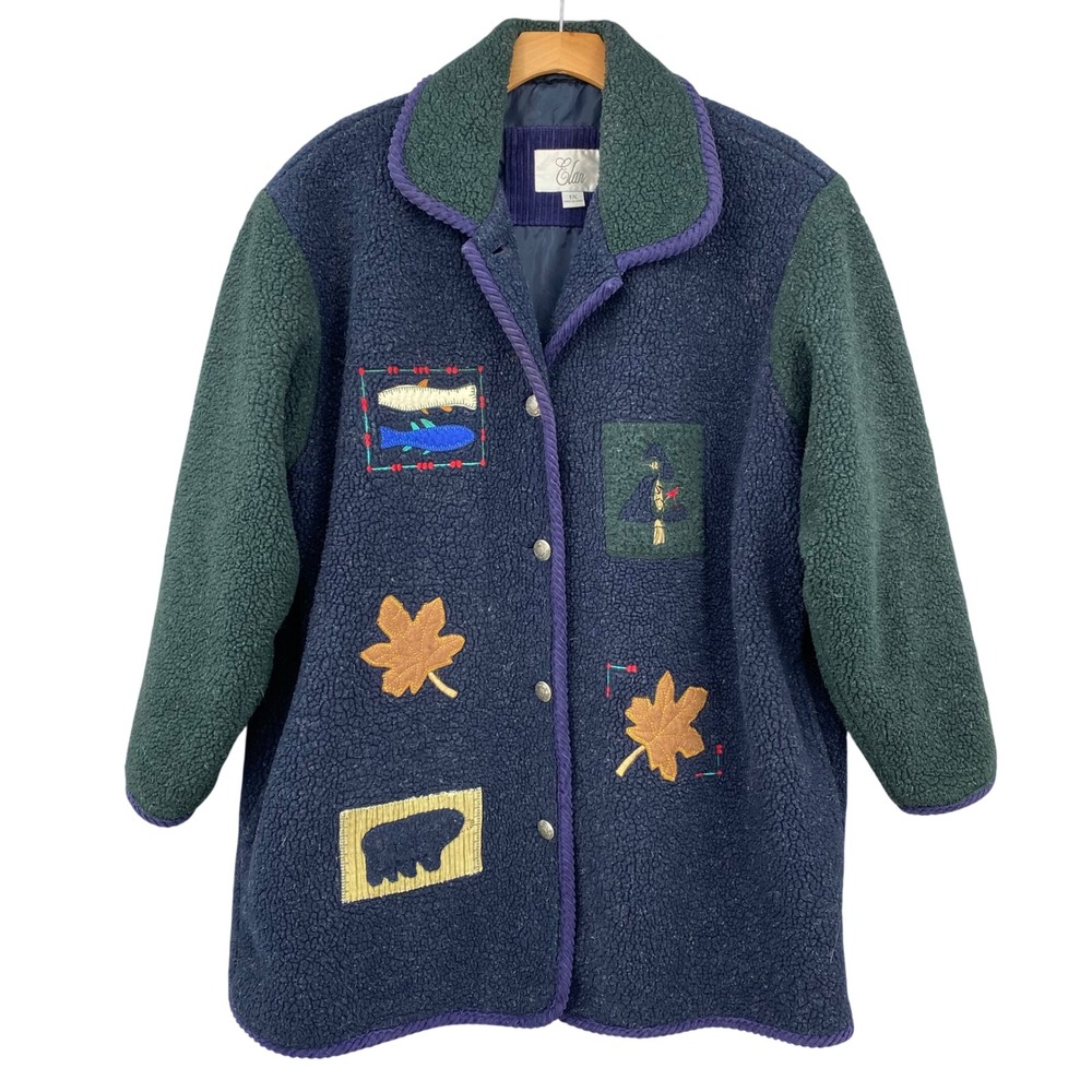 Elan Woman's‎ 1X Vintage Blue Jacket Embroidered Fish Leaf Bear Applique Granny